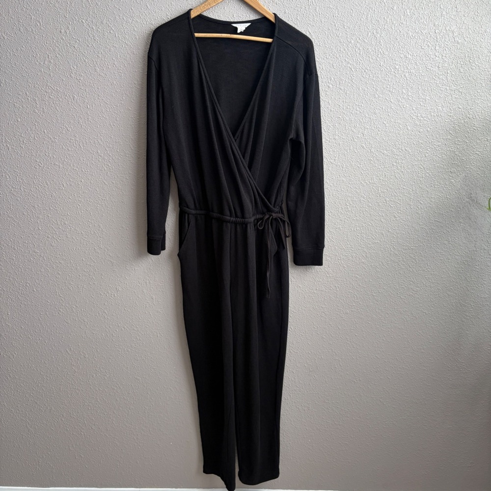 Caslon Black Long Sleeve Cotton Knit Faux Wrap Jumpsuit M